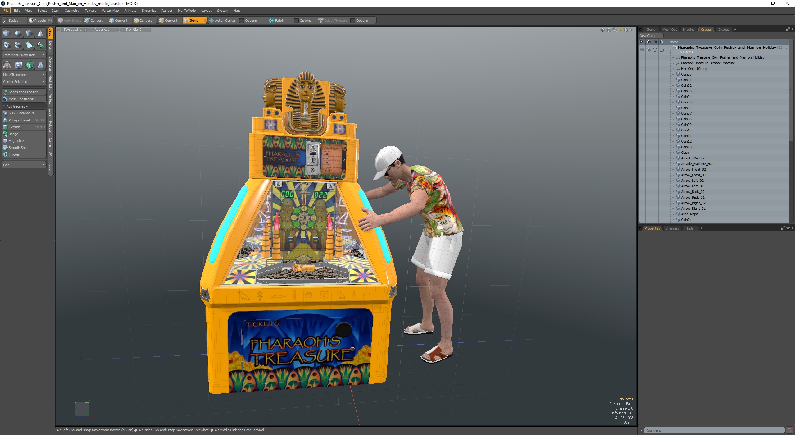 3D Pharaohs Treasure Coin Pusher and Man on Holiday model