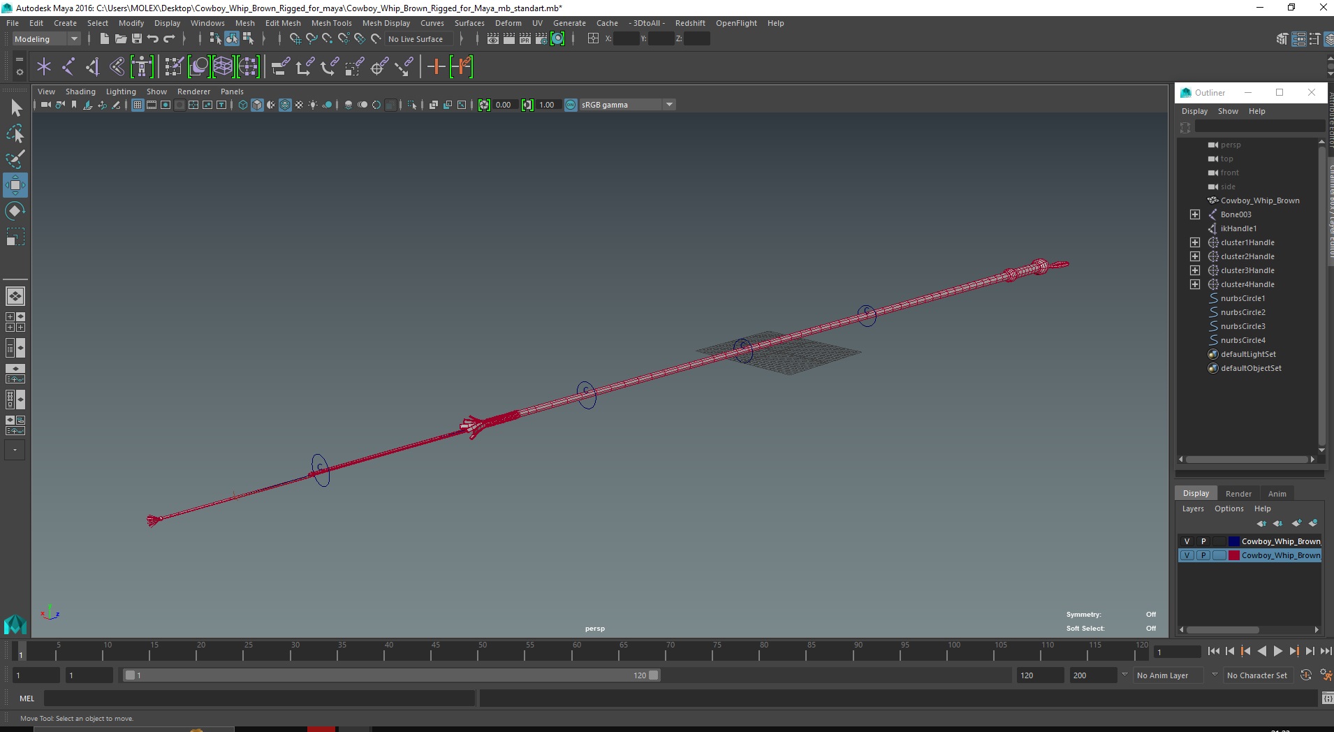 3D Cowboy Whip Brown Rigged for Maya model