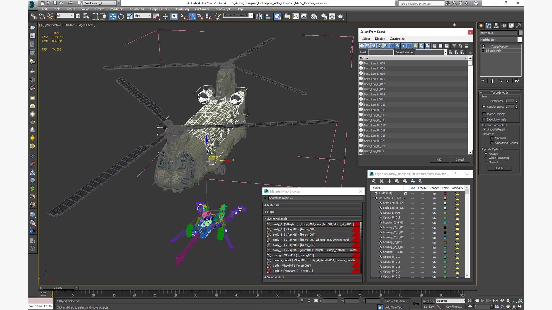 3D US Army Transport Helicopter With Howitzer M777 155mm model