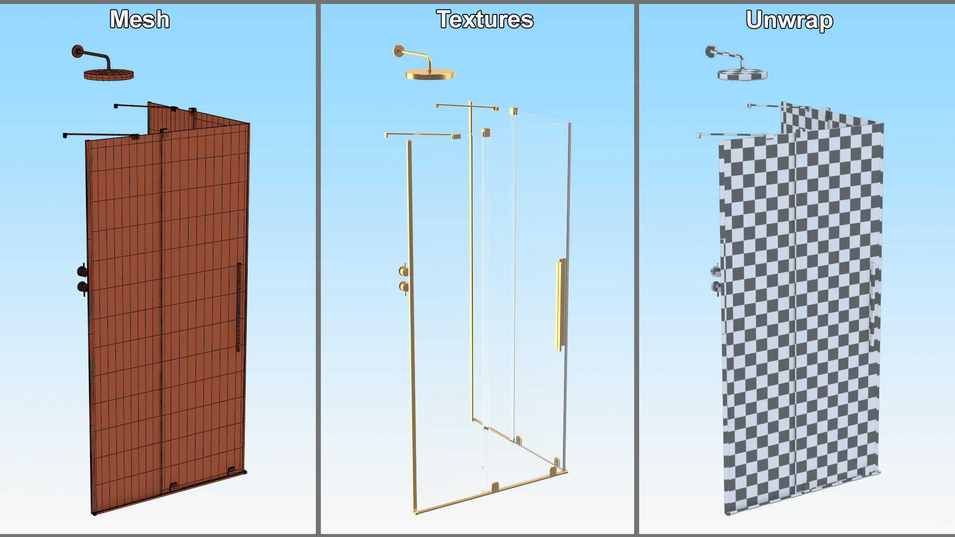 Crystal Shower Cabin Sliding Doors Gold 3D model