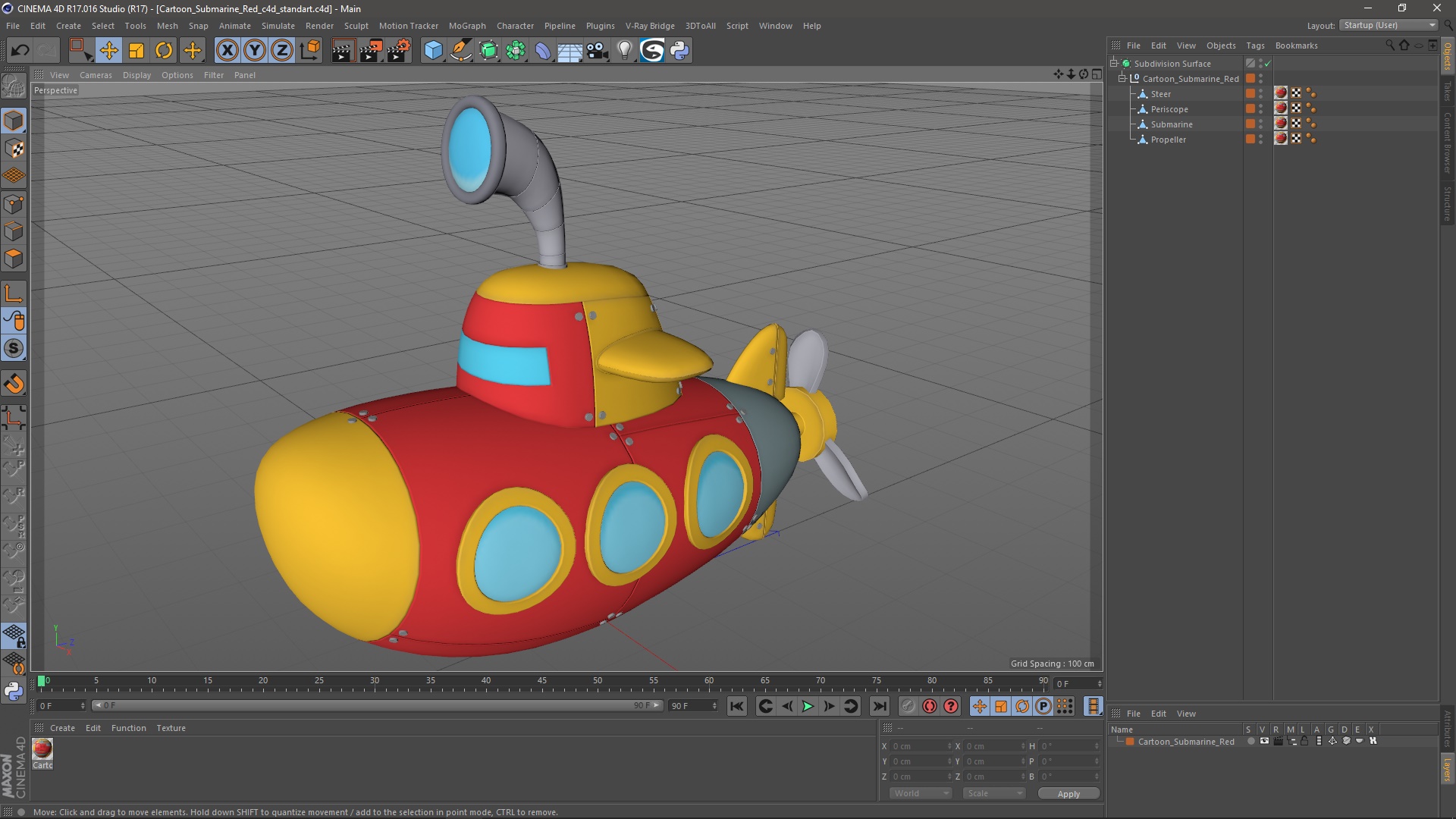 3D Cartoon Submarine Red