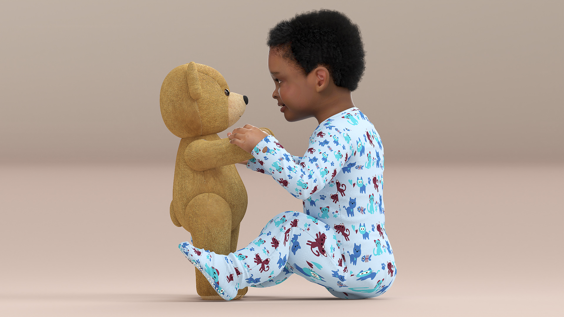 Dark Skinned Baby Boy with Teddy Bear 3D