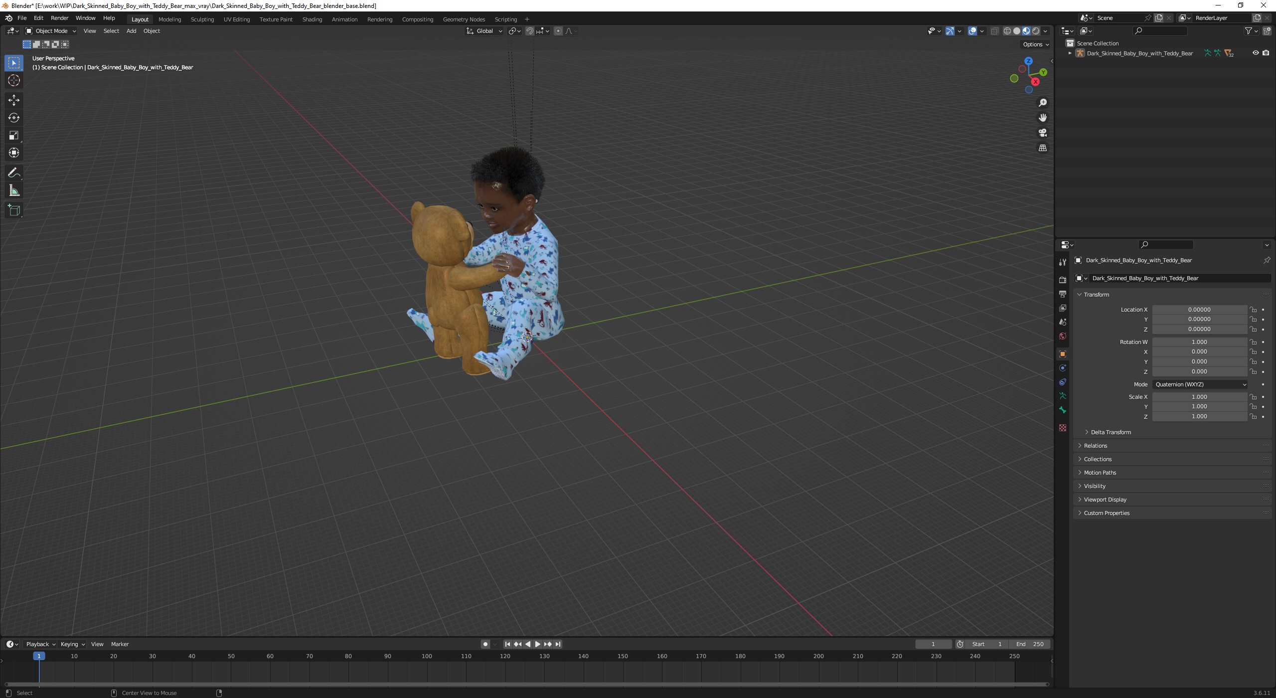 Dark Skinned Baby Boy with Teddy Bear 3D