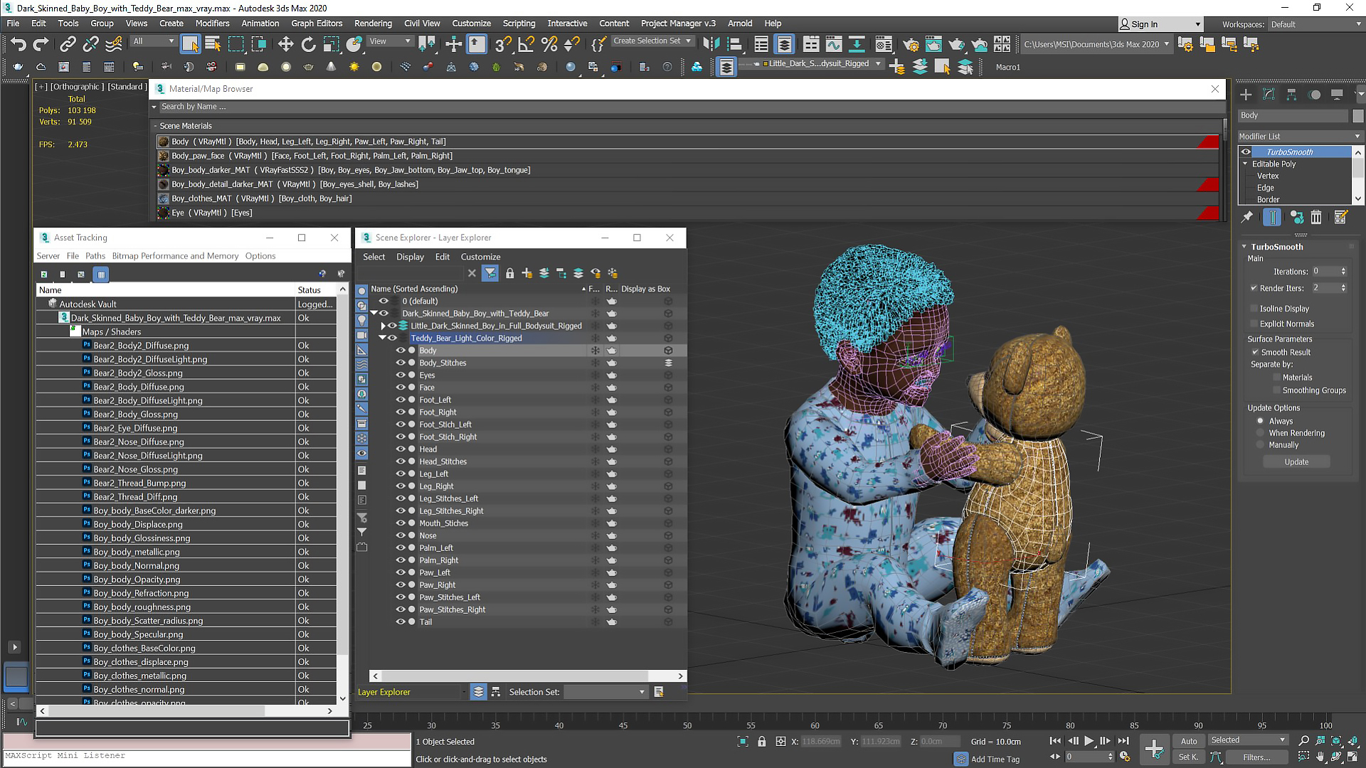 Dark Skinned Baby Boy with Teddy Bear 3D