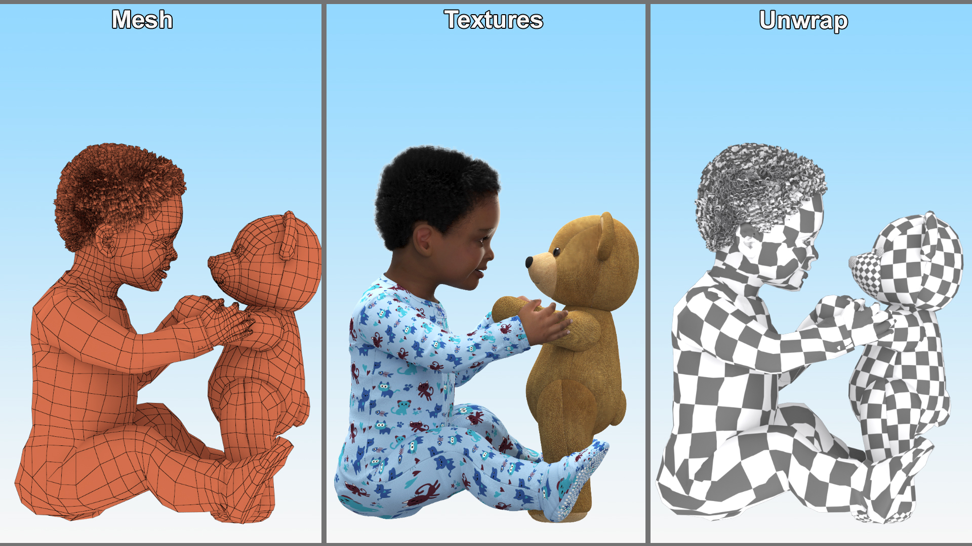 Dark Skinned Baby Boy with Teddy Bear 3D