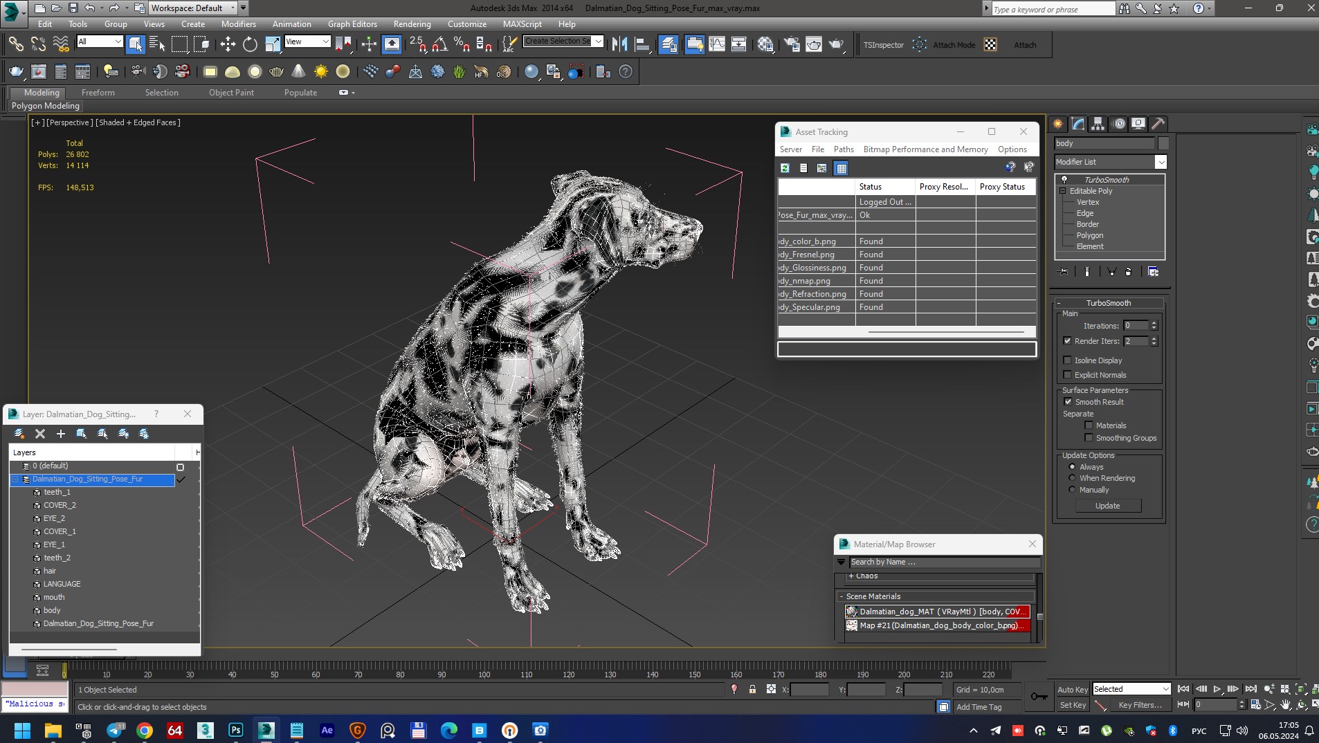 3D model Dalmatian Dog Sitting Pose Fur