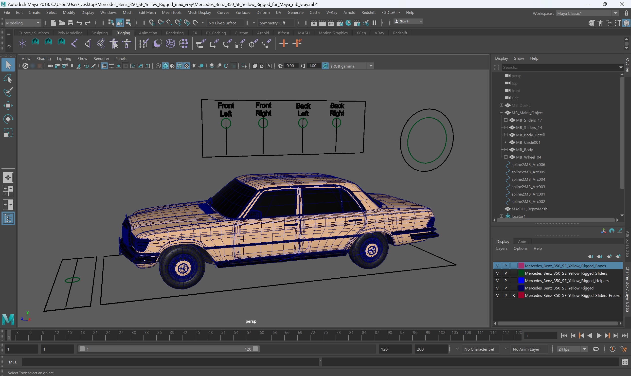 3D Mercedes Benz 350 SE Yellow Rigged for Maya model