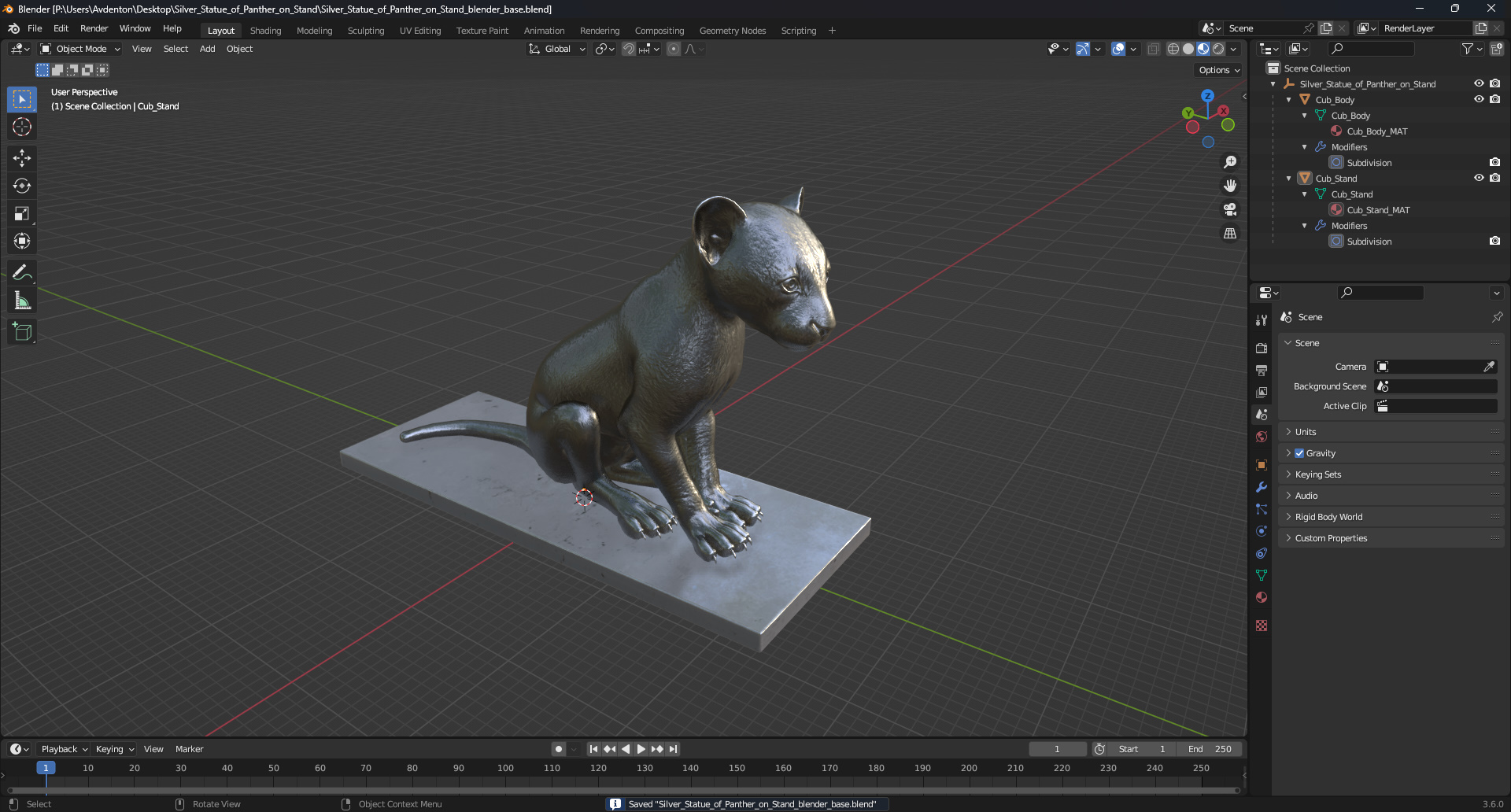 3D Silver Statue of Panther on Stand model