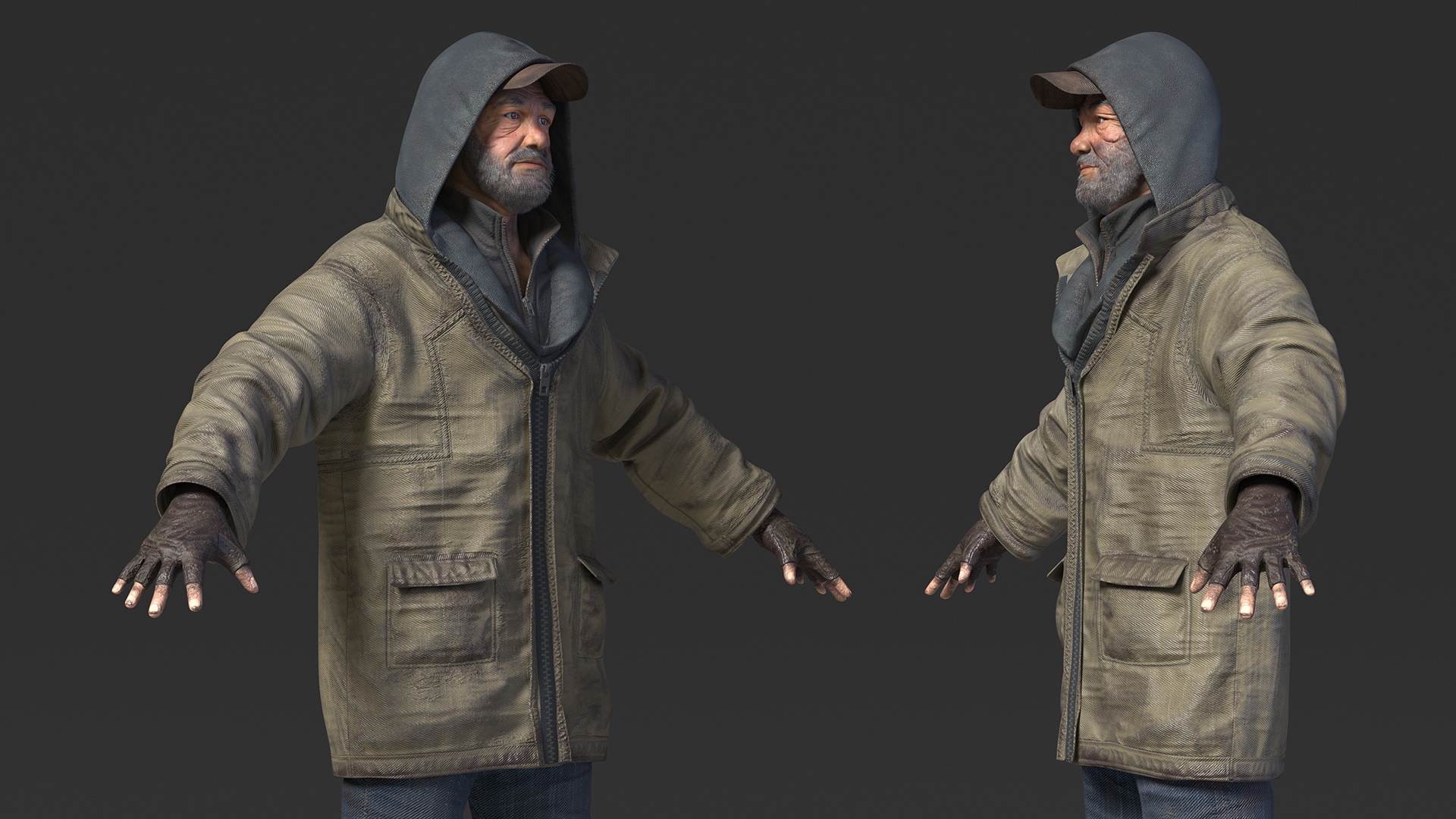 3D Homeless Old Man A-Pose model