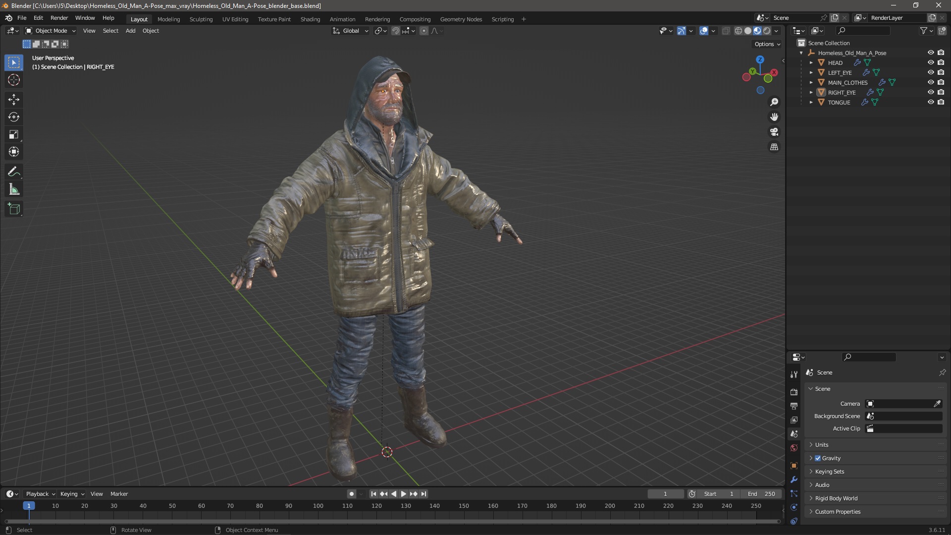 3D Homeless Old Man A-Pose model