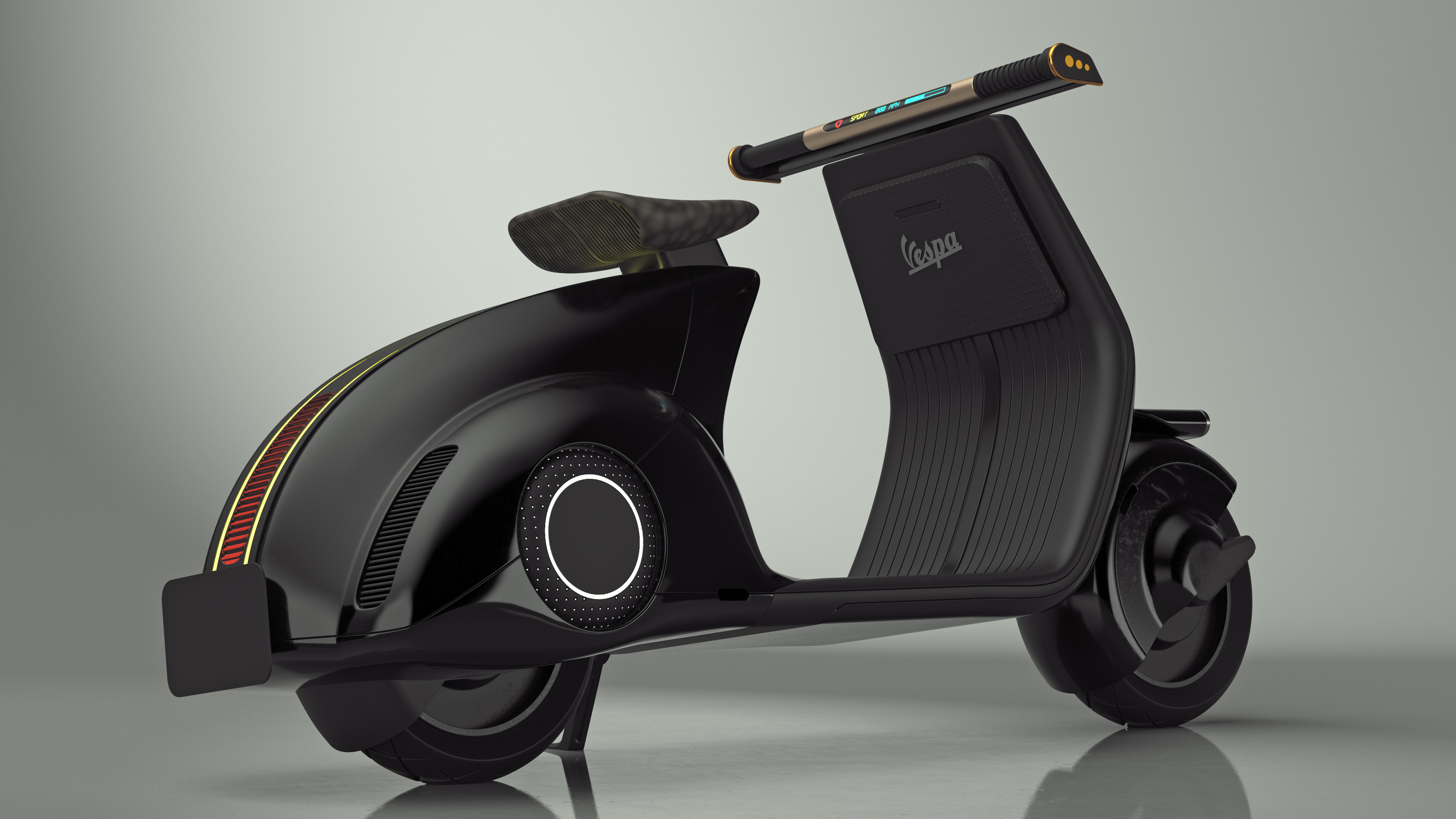 3D Designer Black Electric Scooter Parked Lights On model