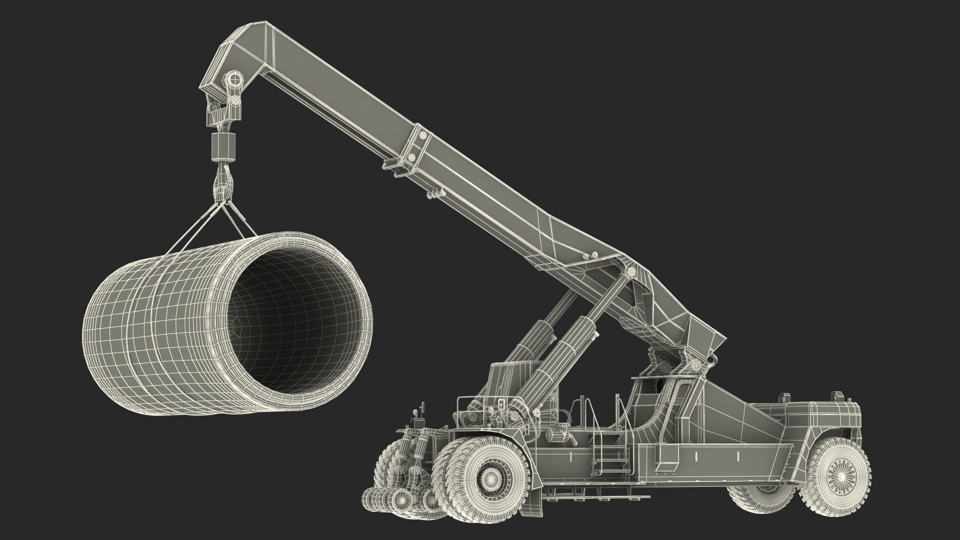 Worker on a Reachstacker Loading Concrete Pipes 3D