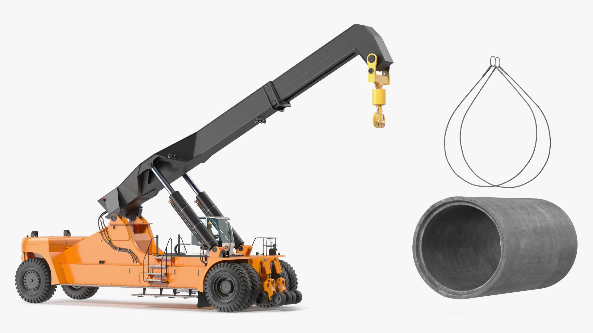 Worker on a Reachstacker Loading Concrete Pipes 3D