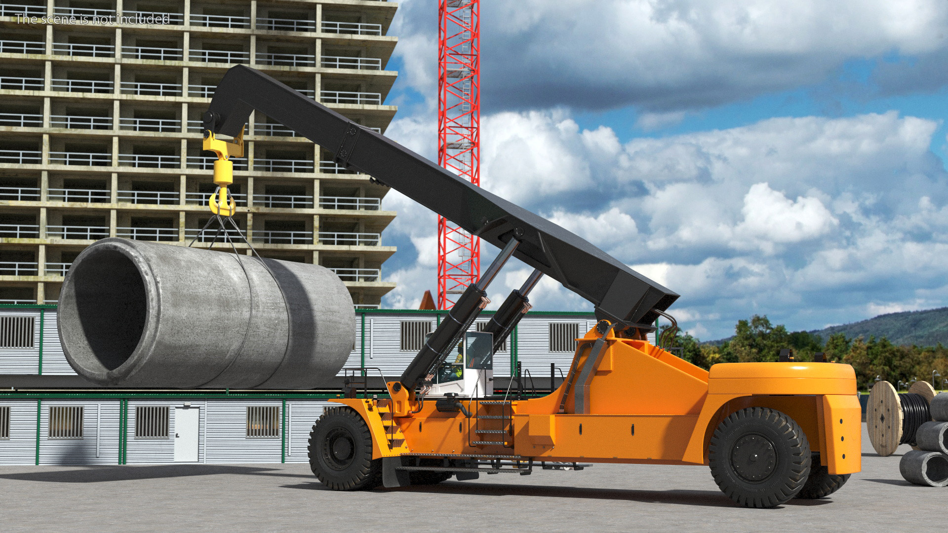 Worker on a Reachstacker Loading Concrete Pipes 3D