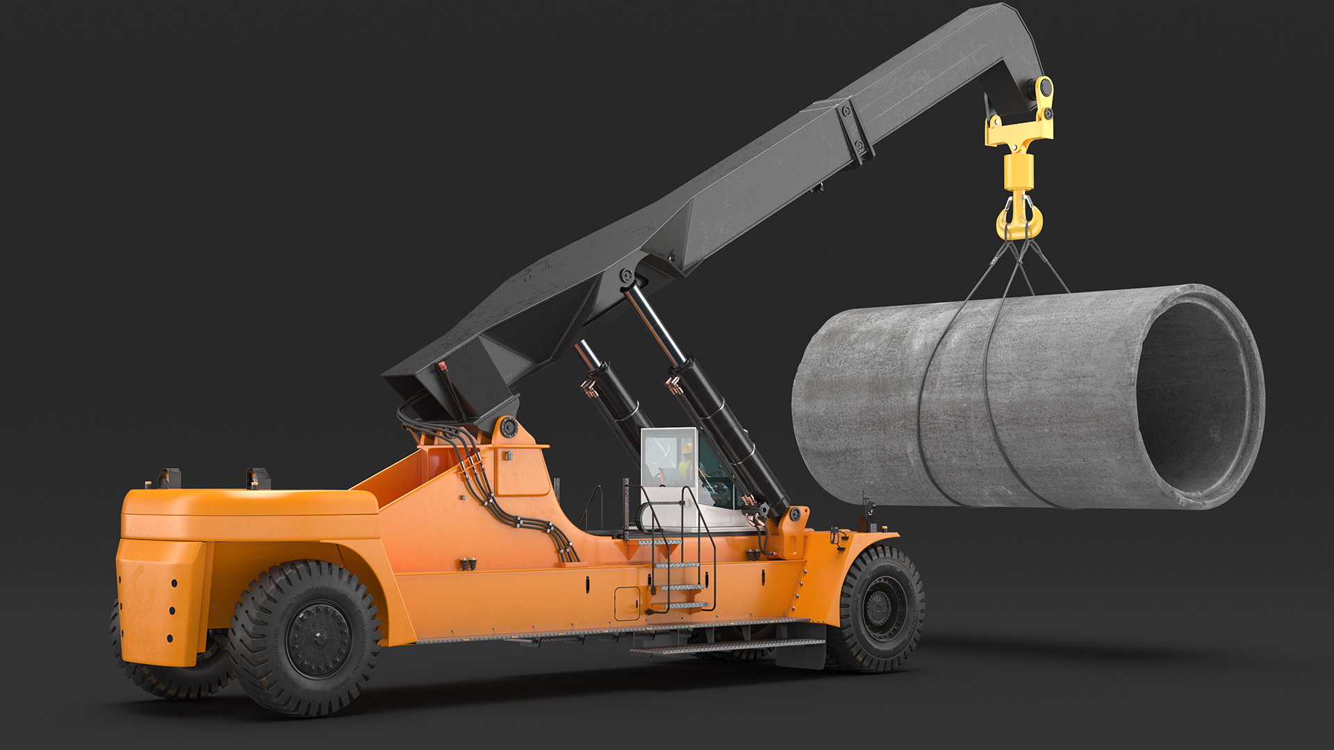 Worker on a Reachstacker Loading Concrete Pipes 3D