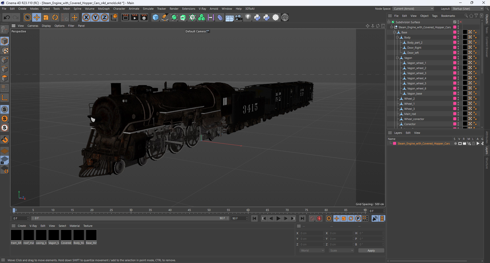 Steam Engine with Covered Hopper Cars 3D