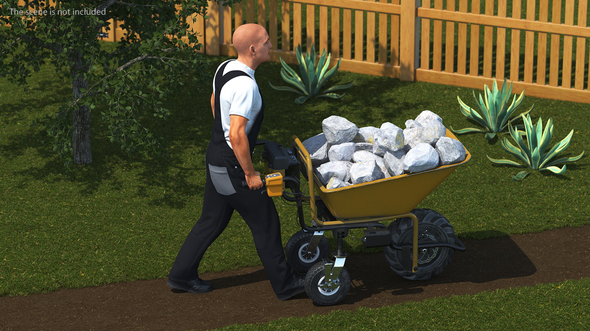 Worker with Electric Wheelbarrow with Stones 3D model