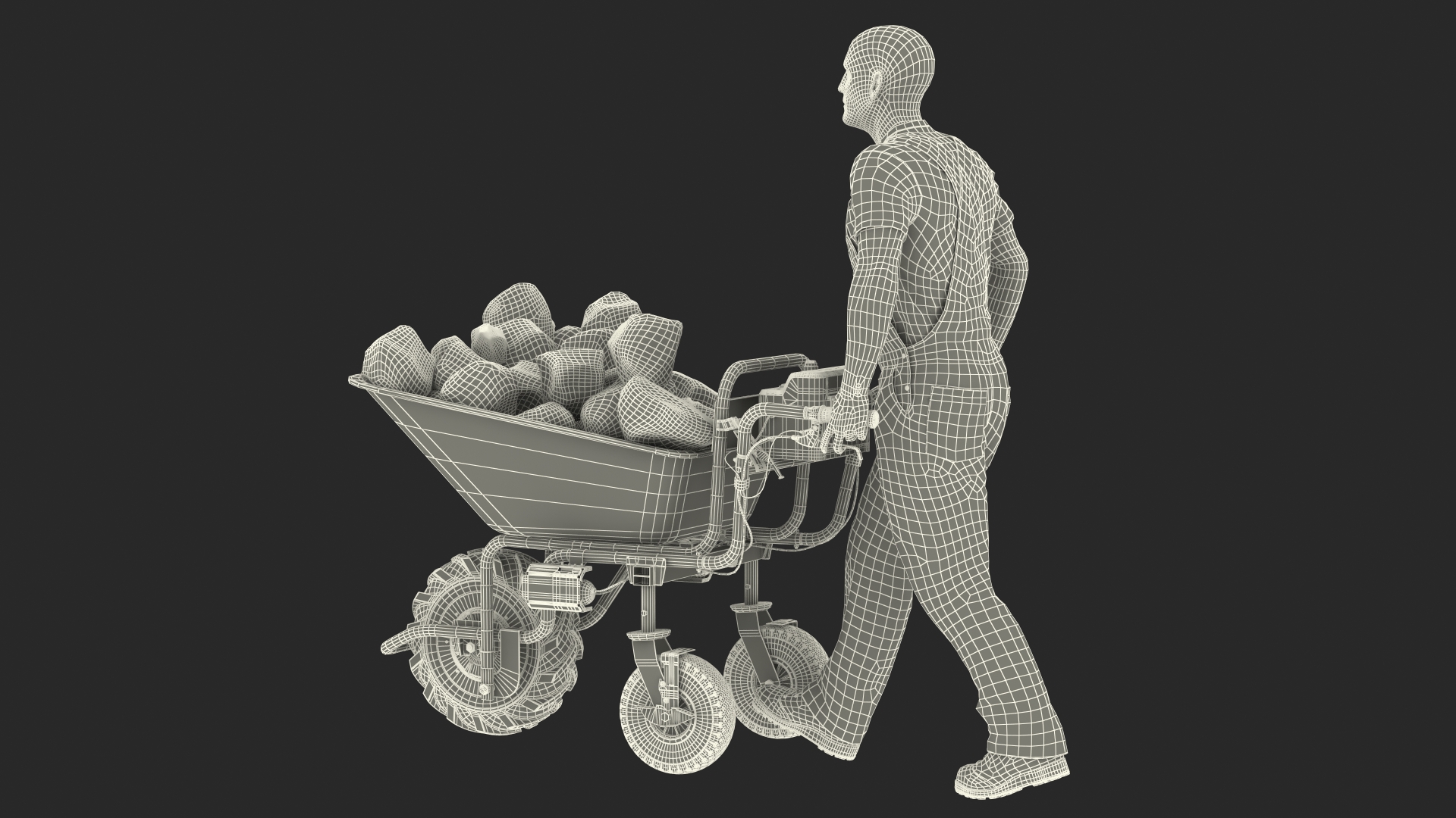 Worker with Electric Wheelbarrow with Stones 3D model