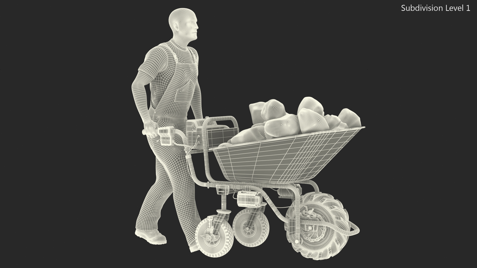 Worker with Electric Wheelbarrow with Stones 3D model