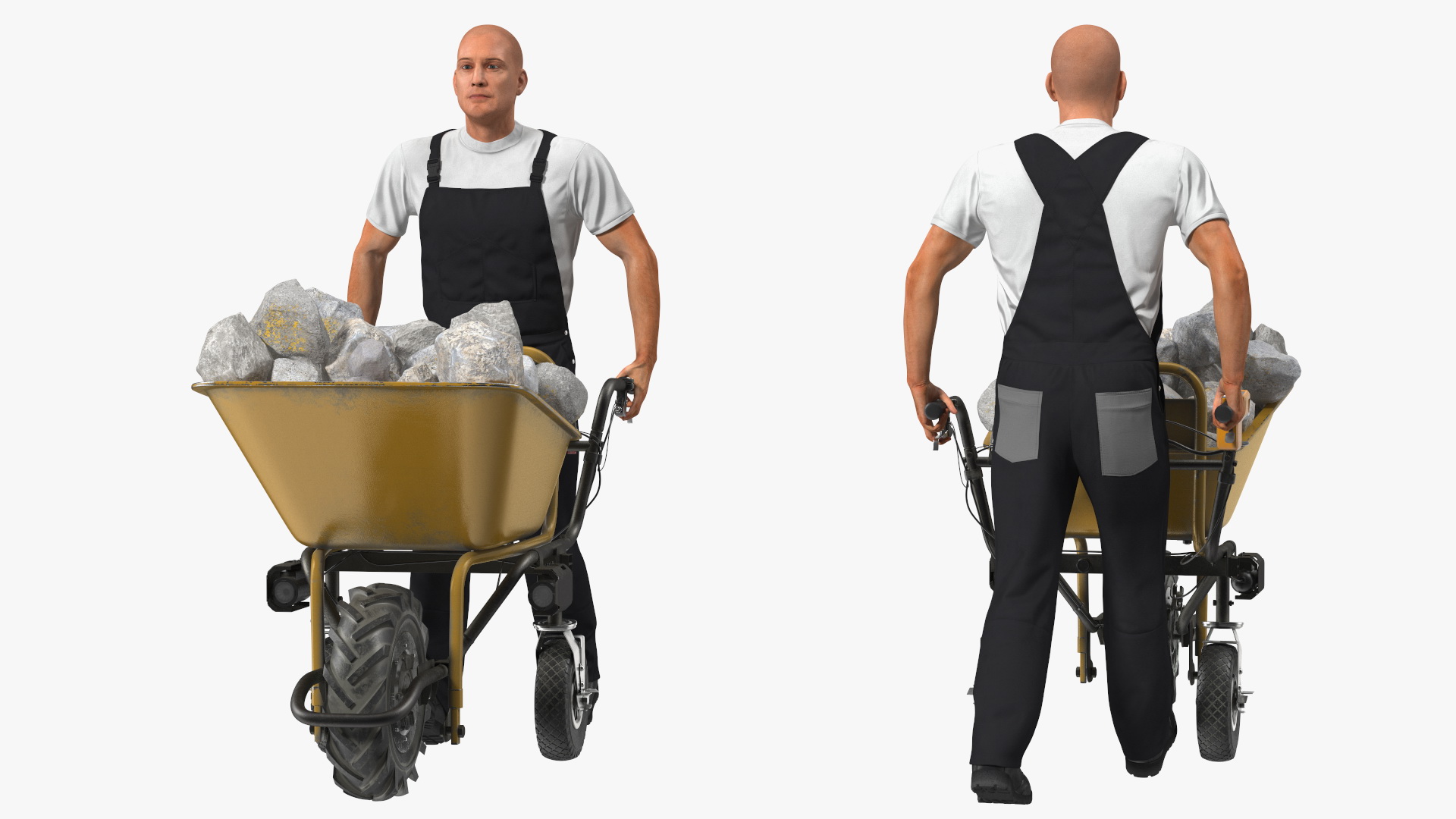 Worker with Electric Wheelbarrow with Stones 3D model