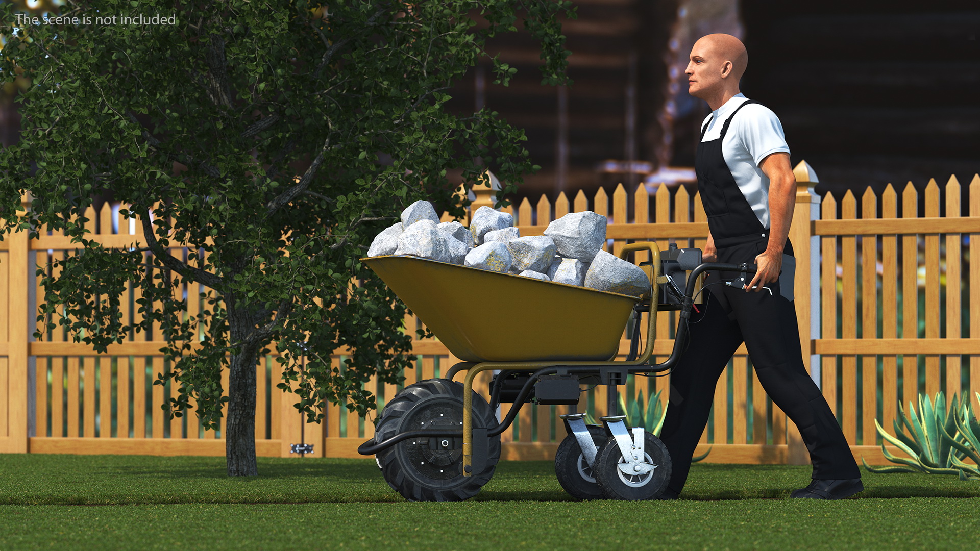 Worker with Electric Wheelbarrow with Stones 3D model