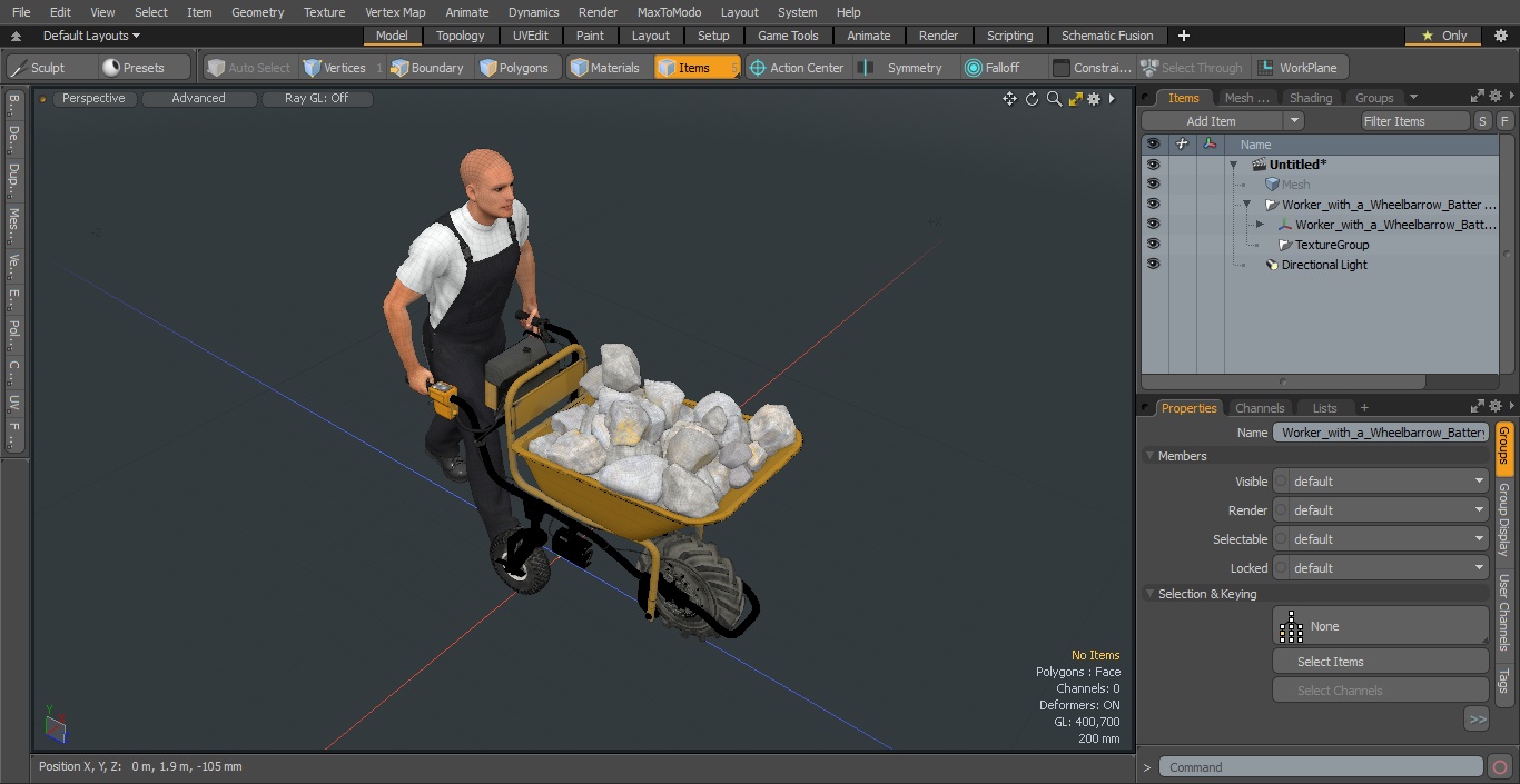 Worker with Electric Wheelbarrow with Stones 3D model