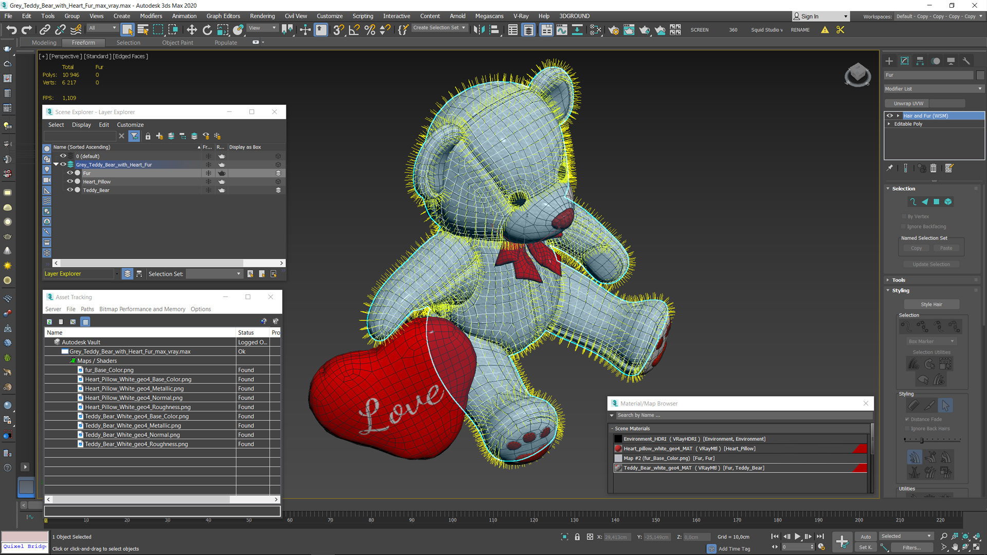 3D model Grey Teddy Bear with Heart Fur