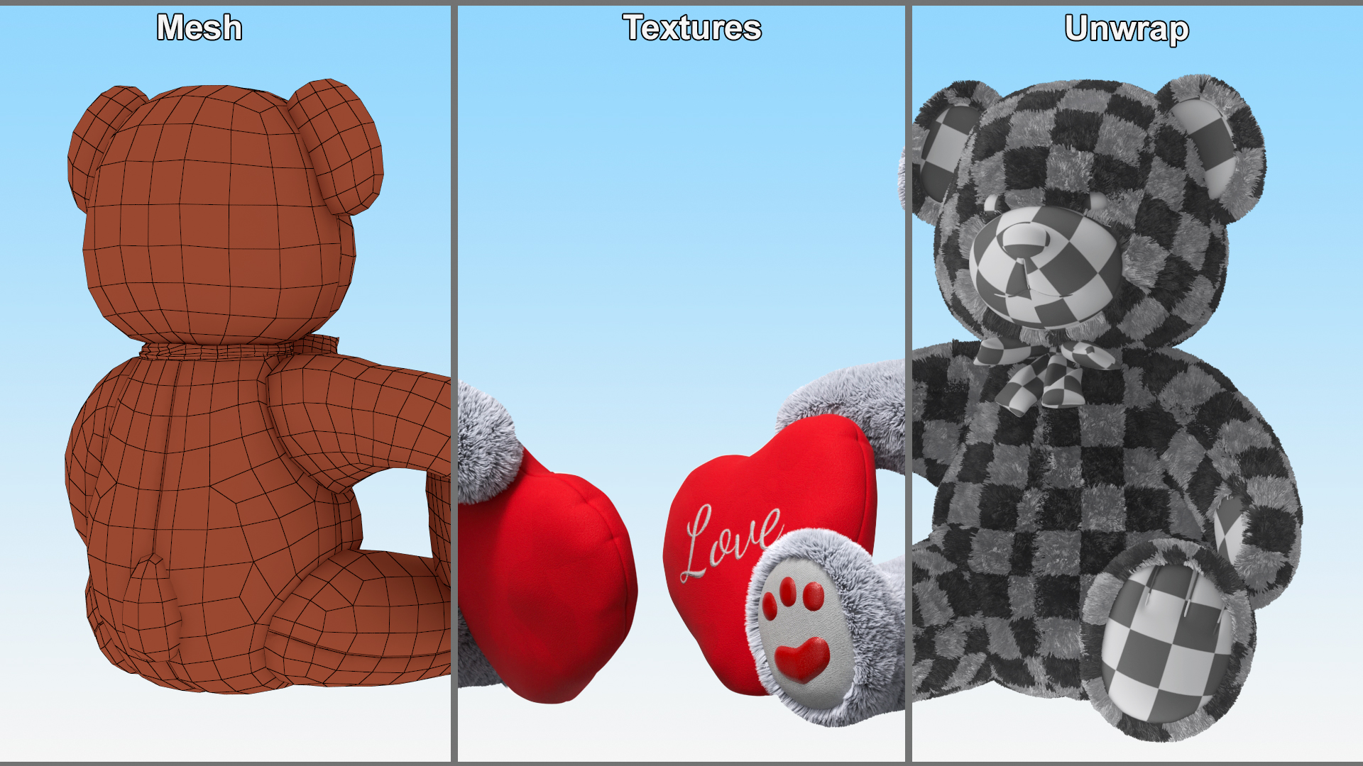 3D model Grey Teddy Bear with Heart Fur