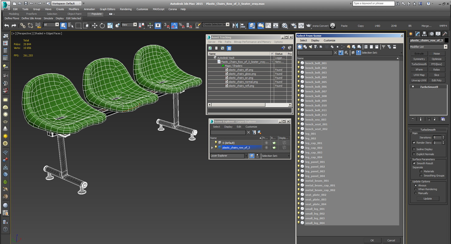 3D model Plastic Chairs Row of 3 Seater