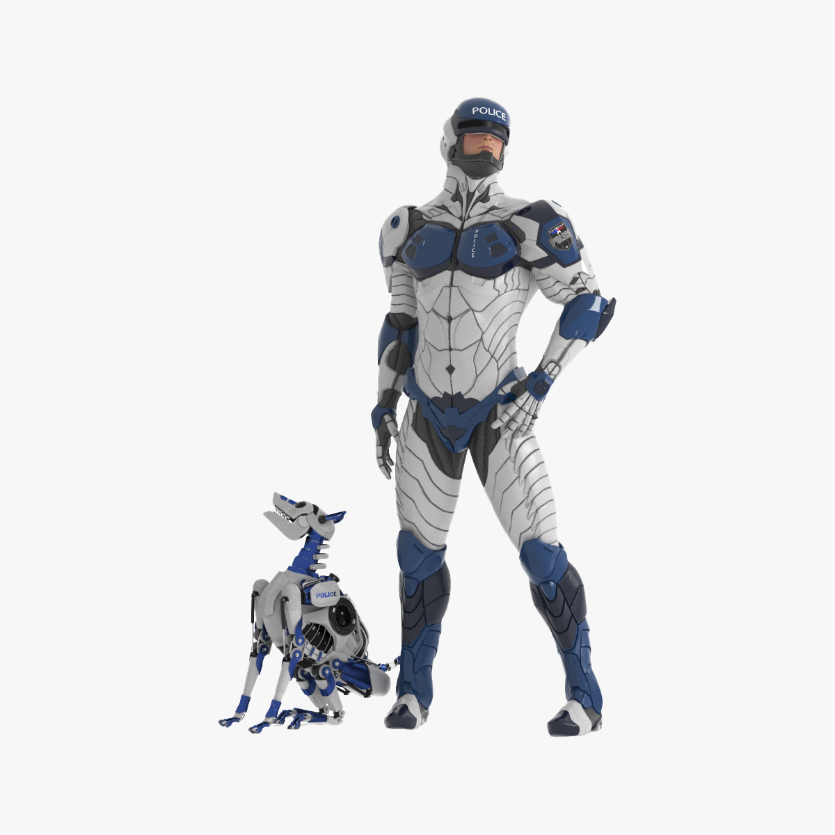 3D Sci Fi Cop with Robotic Dog Rigged for Maya model