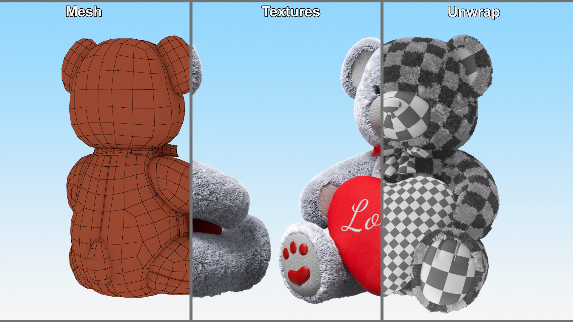 Plush Teddy Bear Grey Holding Heart Fur 3D model