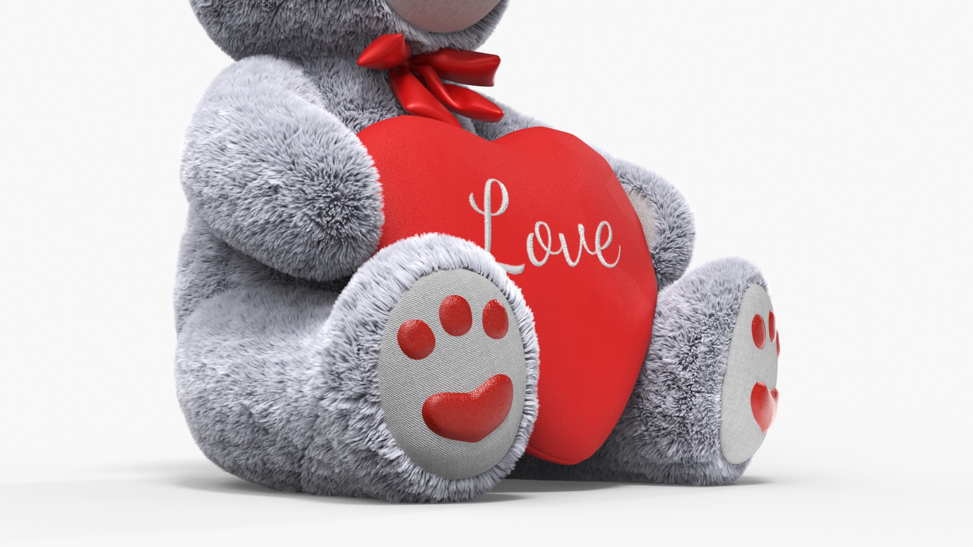 Plush Teddy Bear Grey Holding Heart Fur 3D model