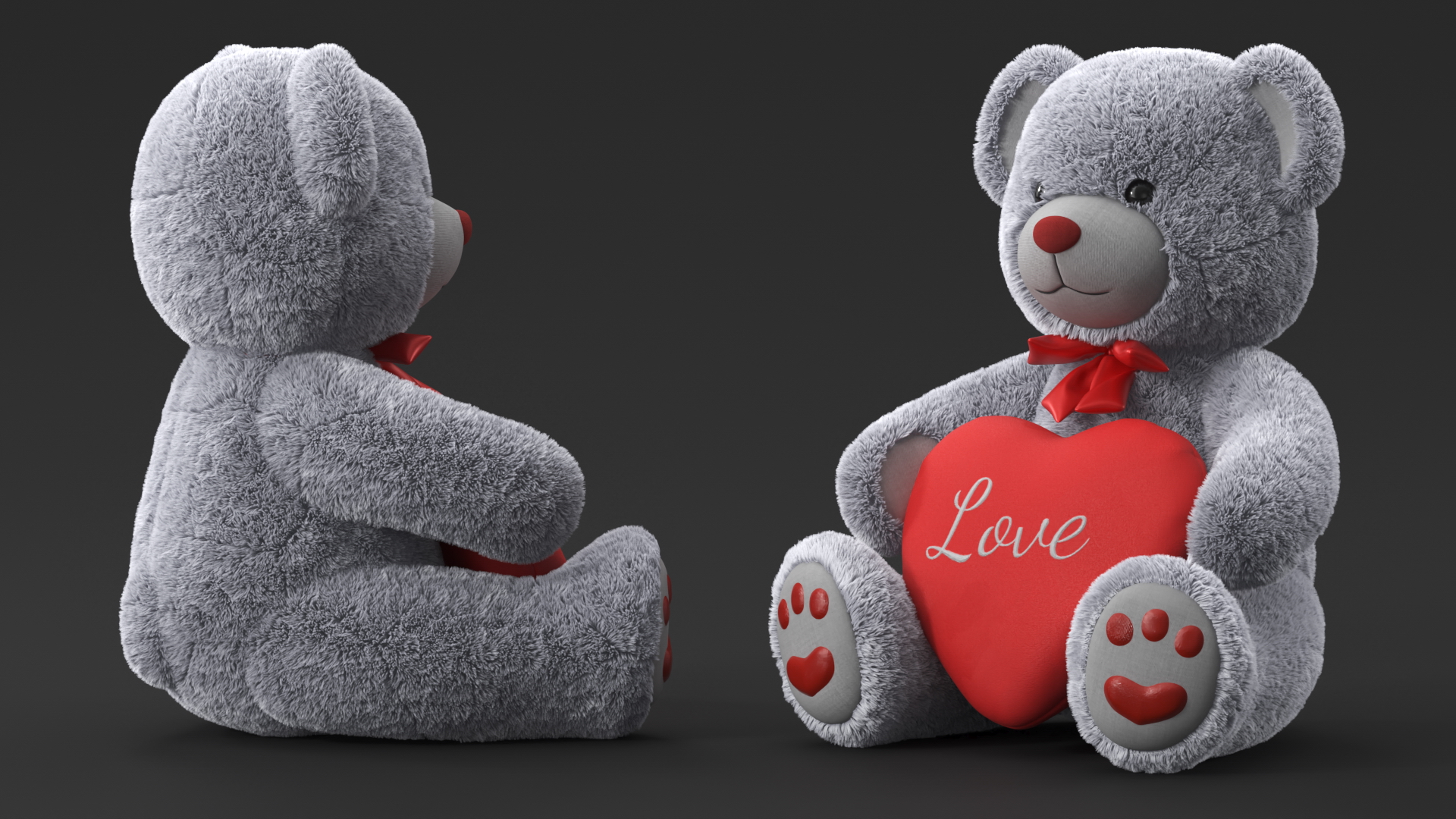 Plush Teddy Bear Grey Holding Heart Fur 3D model