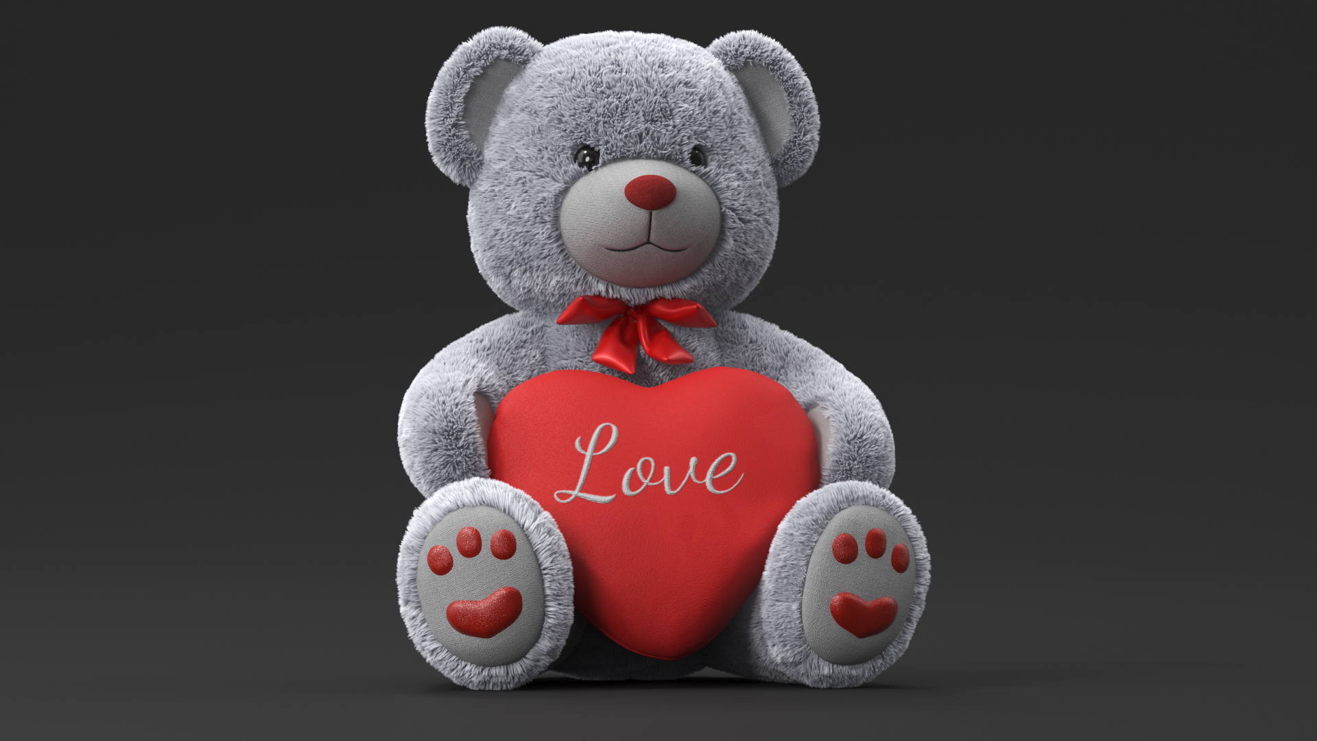 Plush Teddy Bear Grey Holding Heart Fur 3D model