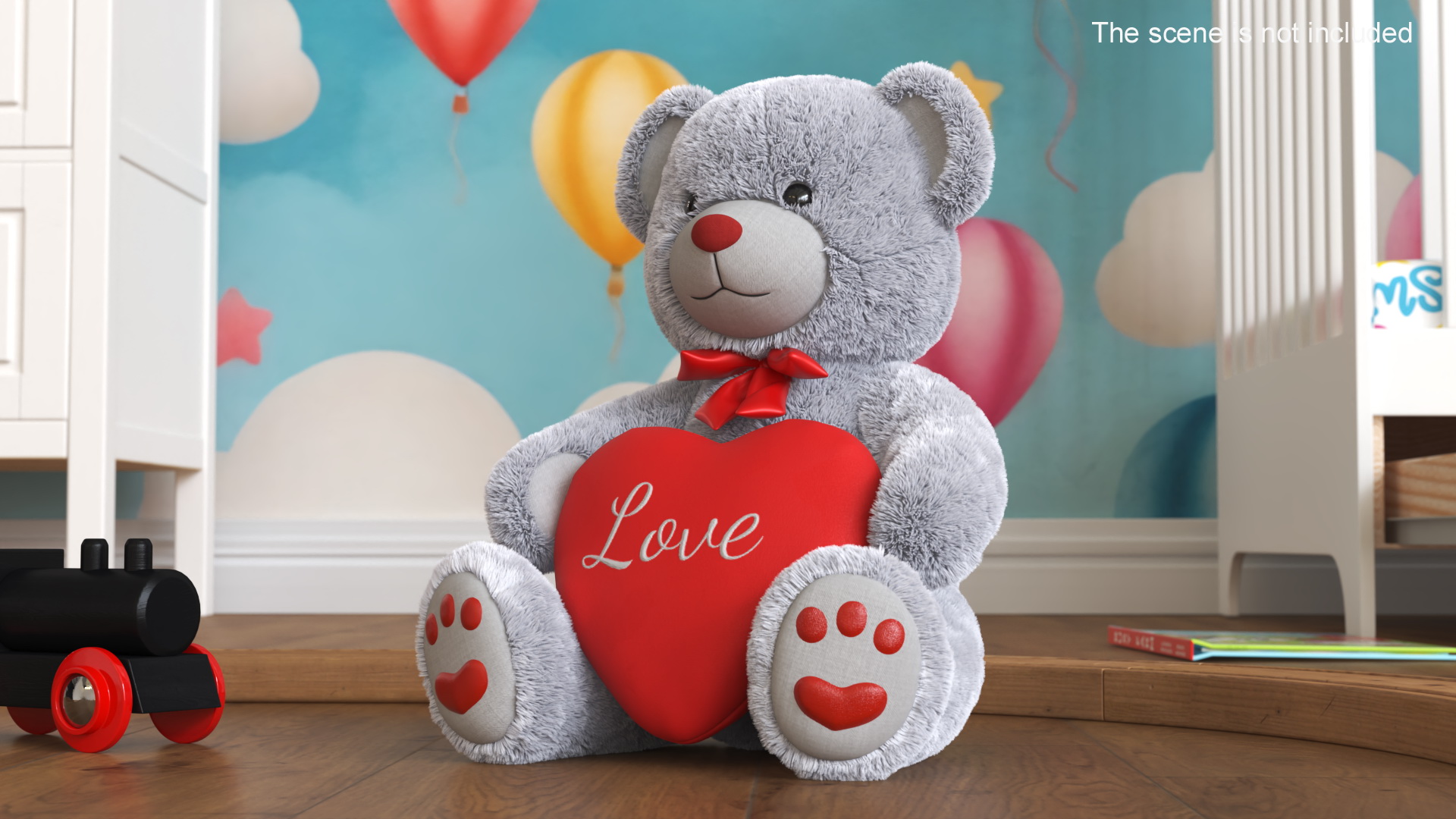 Plush Teddy Bear Grey Holding Heart Fur 3D model