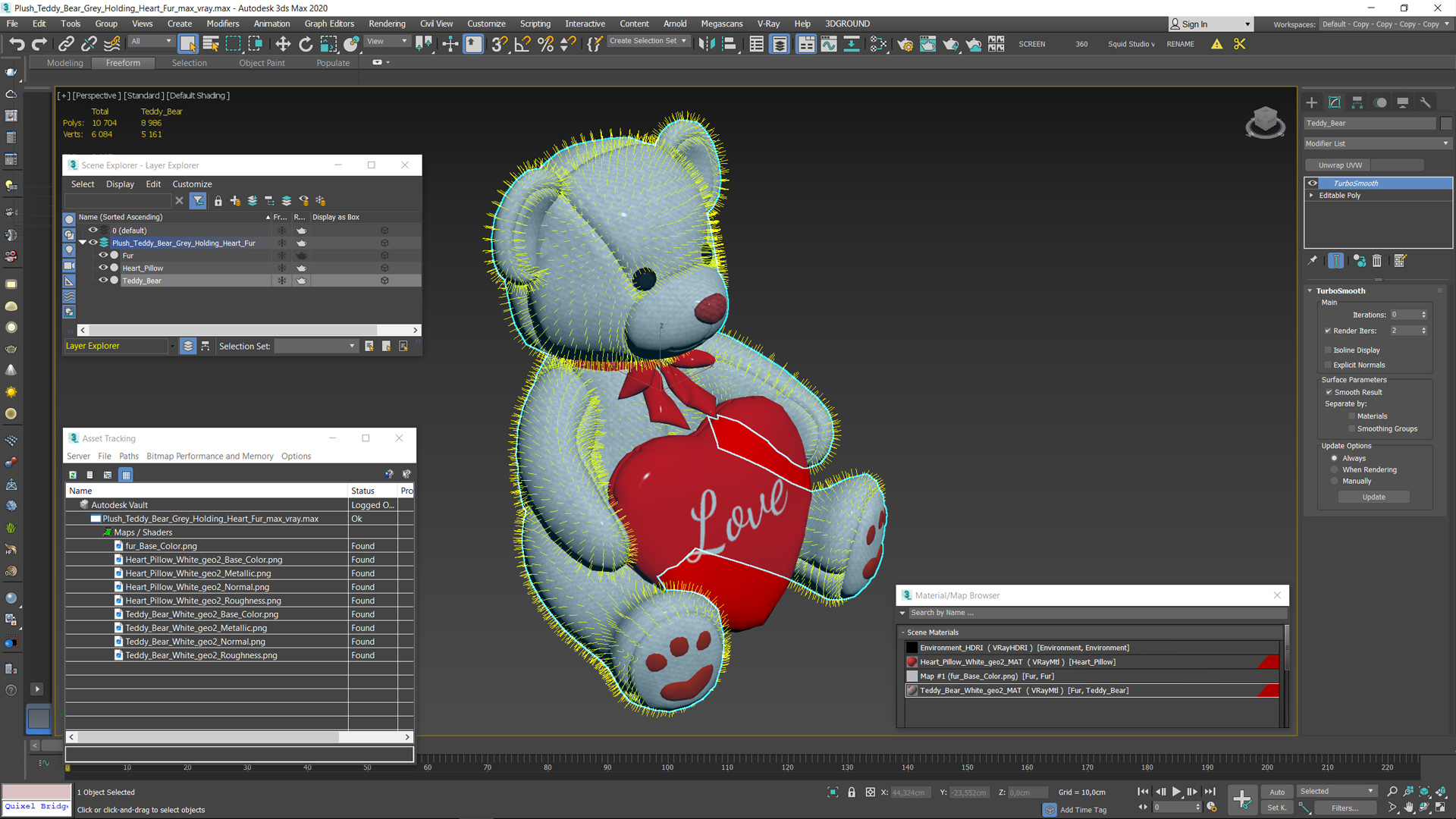 Plush Teddy Bear Grey Holding Heart Fur 3D model