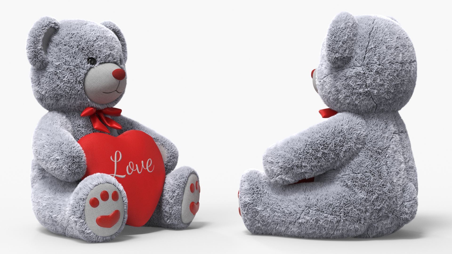 Plush Teddy Bear Grey Holding Heart Fur 3D model