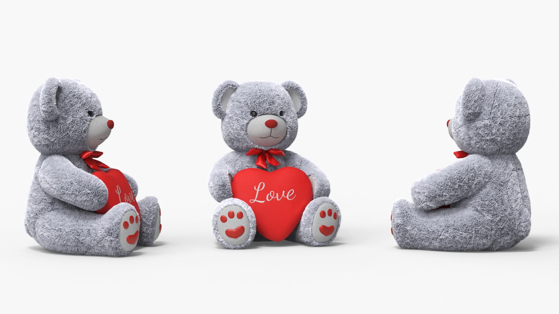 Plush Teddy Bear Grey Holding Heart Fur 3D model