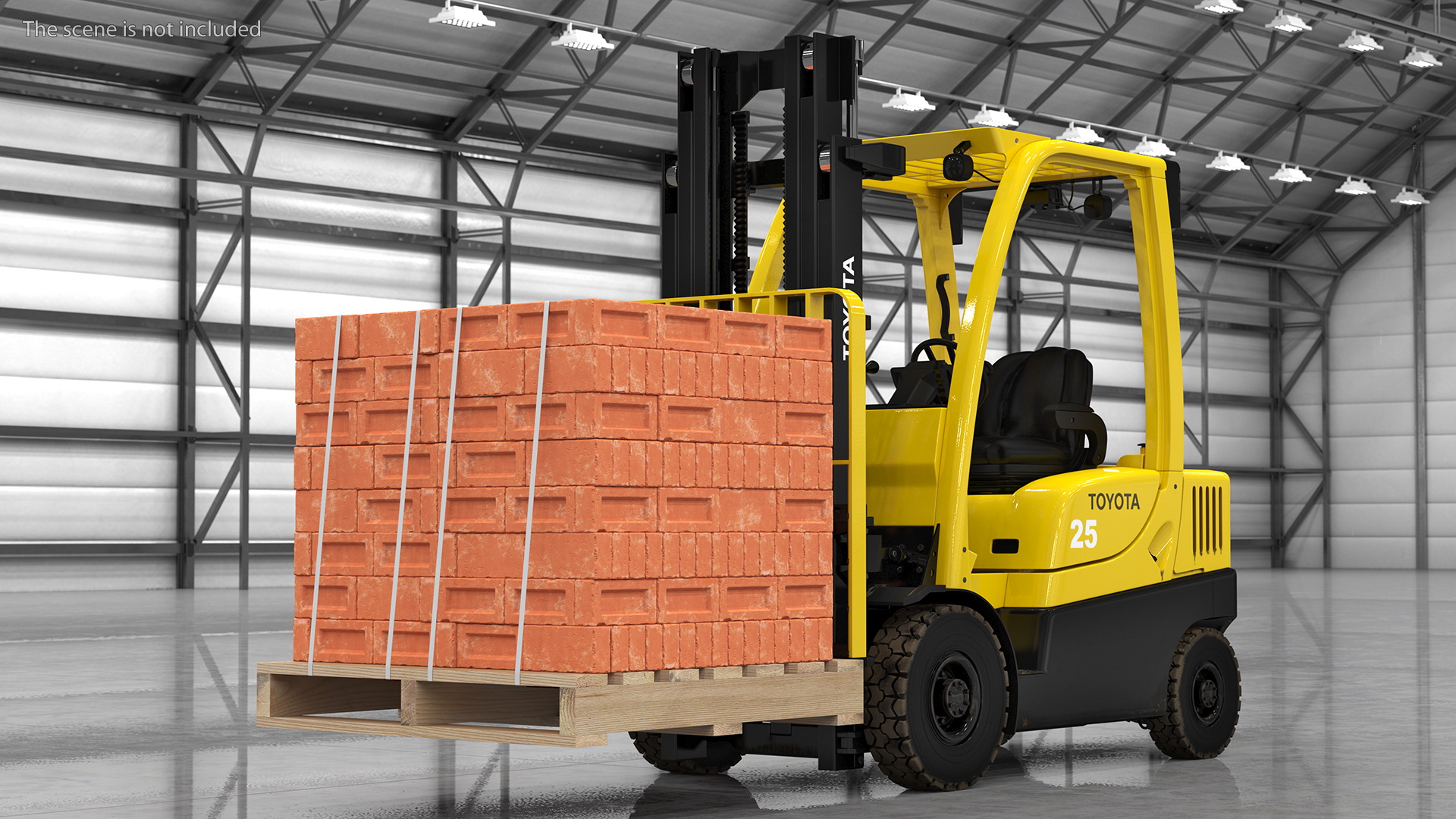 3D Forklift Toyota with Red Bricks Stacked on Wooden Pallet