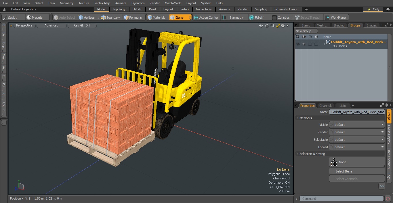 3D Forklift Toyota with Red Bricks Stacked on Wooden Pallet