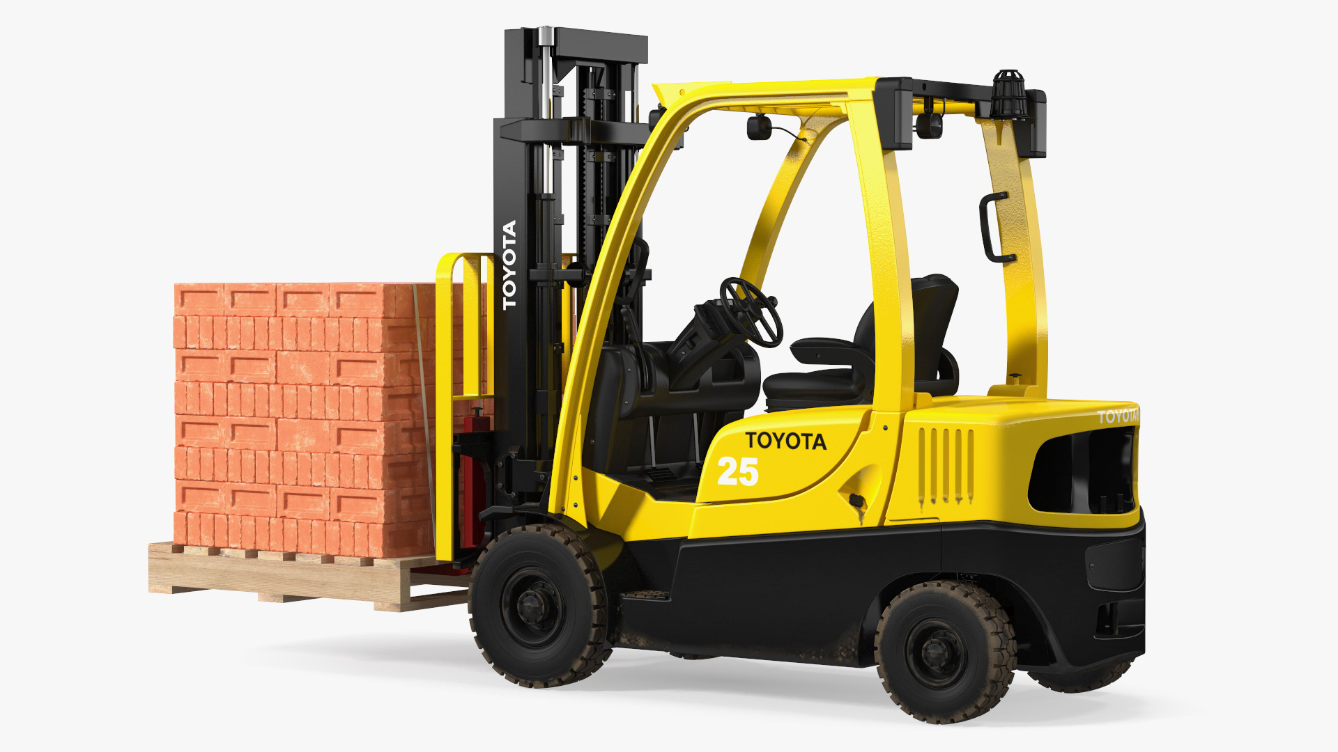 3D Forklift Toyota with Red Bricks Stacked on Wooden Pallet