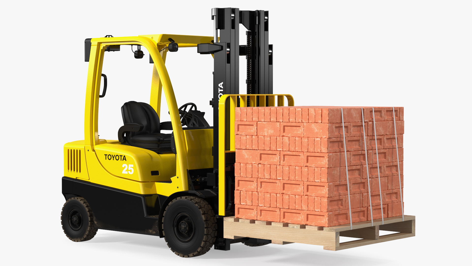 3D Forklift Toyota with Red Bricks Stacked on Wooden Pallet