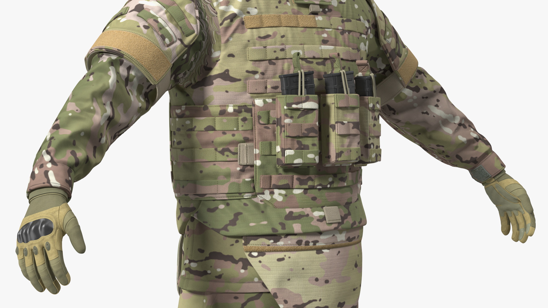 3D Soldier in Green Tactical Gear and Rifle A-pose Fur