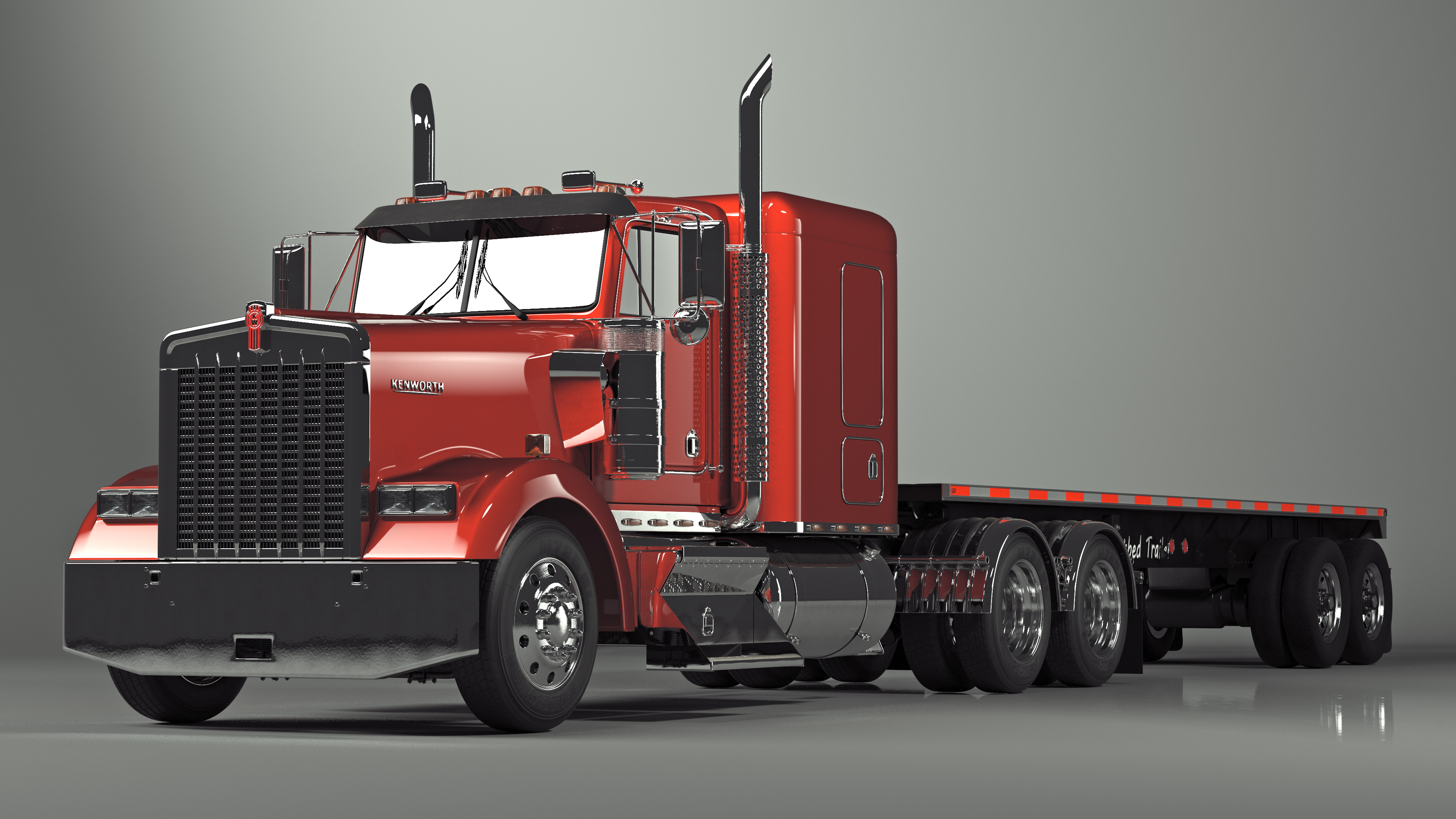 Kenworth W900 Truck and Flatbed Trailer 3D model