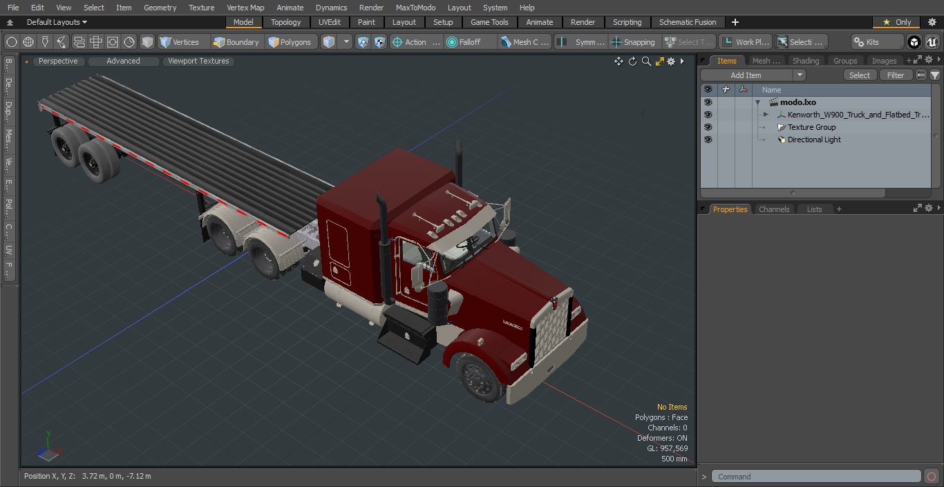 Kenworth W900 Truck and Flatbed Trailer 3D model