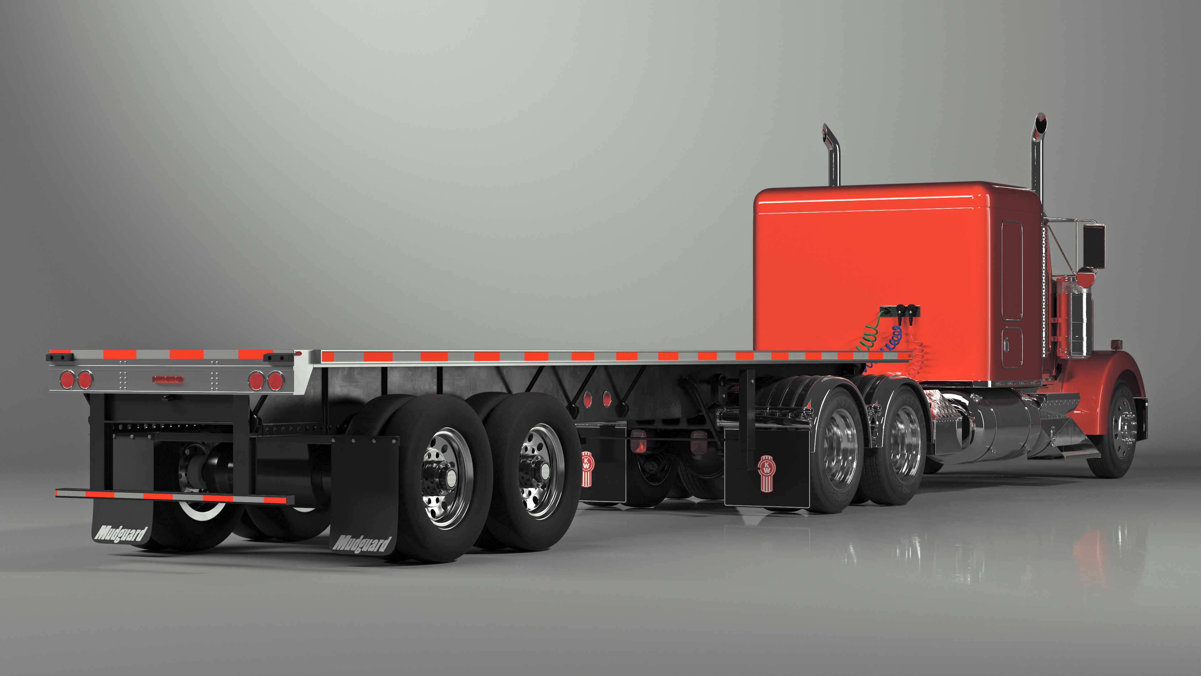 Kenworth W900 Truck and Flatbed Trailer 3D model