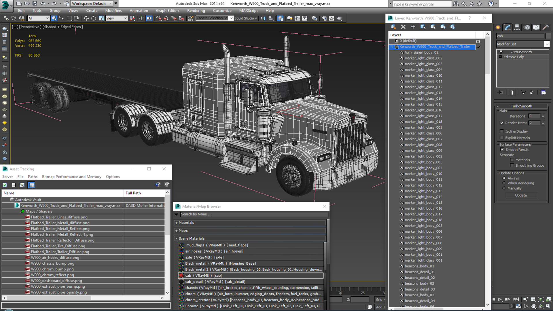 Kenworth W900 Truck and Flatbed Trailer 3D model