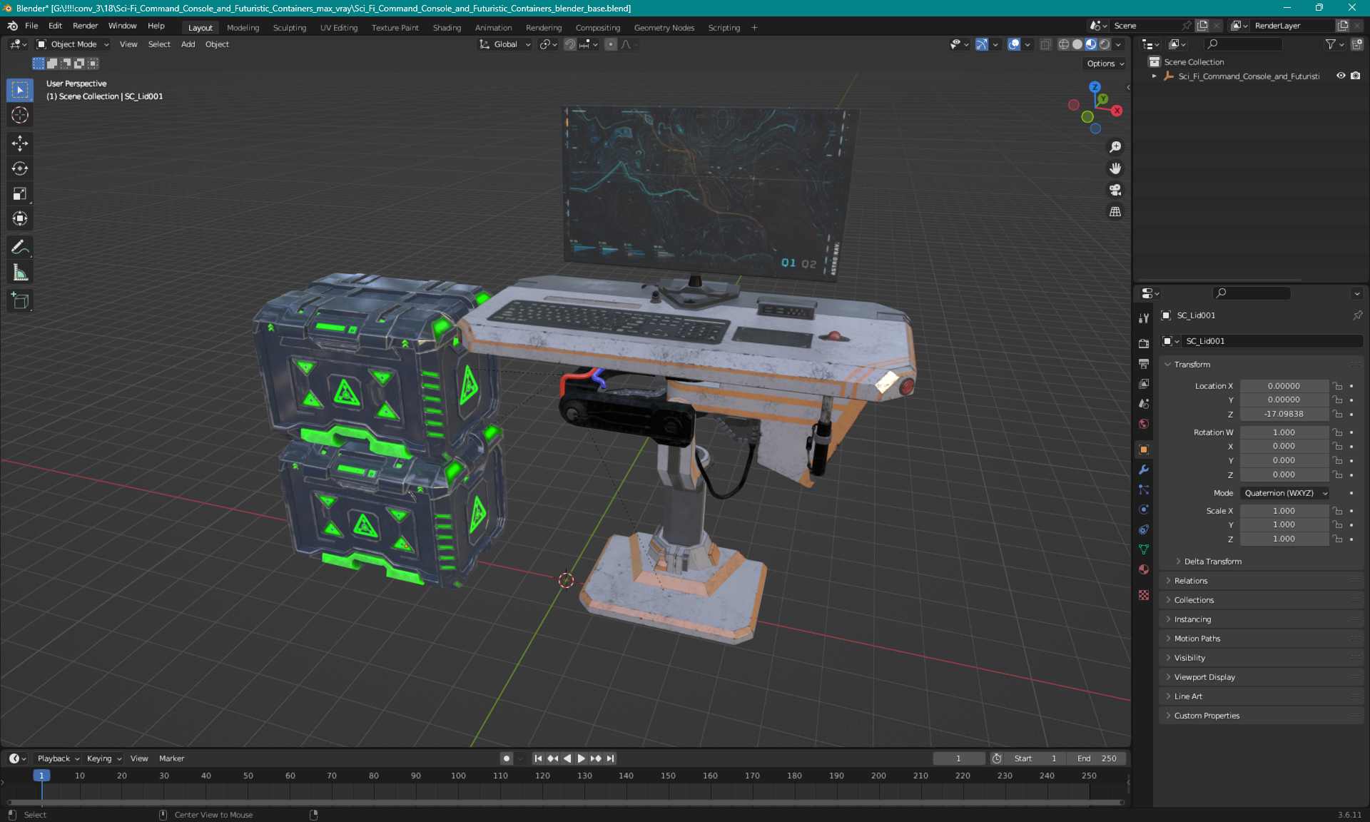 3D Sci-Fi Command Console and Futuristic Containers model