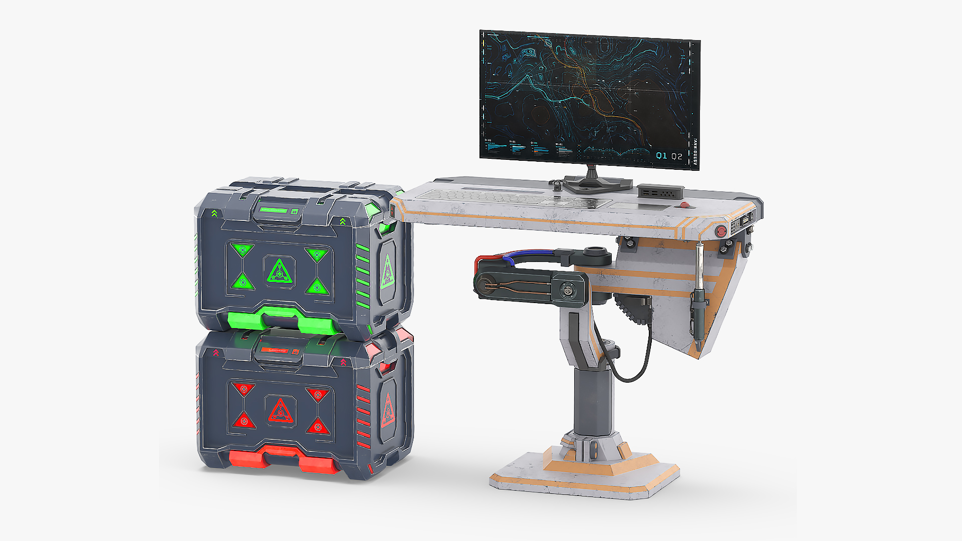 3D Sci-Fi Command Console and Futuristic Containers model