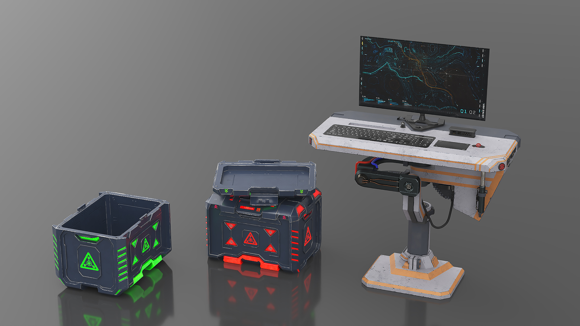 3D Sci-Fi Command Console and Futuristic Containers model